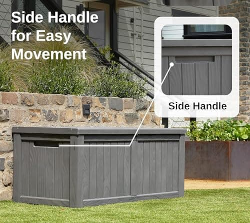 EAST OAK Outdoor Storage Box, 120 Gallon Deck Box with Stainless Steel Rods Large Resin Storage Bin for Patio Cushions, Garden Tools, Waterproof and UV Resistant, Lockable, outside storage, Grey