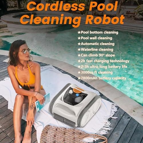 Wall and Waterline Cleaning Vacuum Pool Vacuum, Cordless Pool Robot or Inground Pools, 300+L/MIN Large Suction Last 150 Mins, up to3500 sq.ft, 0-90° Wall-Climbing