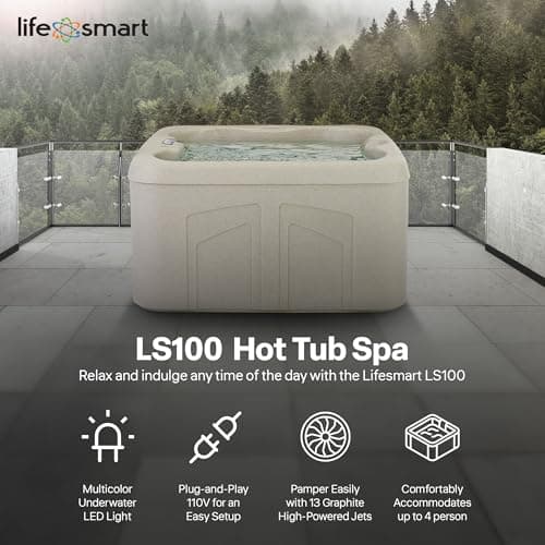 LifeSmart 4-Person Hot Tub, Outdoor Spa with Cover and LED Lights, Square, Beige - Above-Ground Spa Machine with Accessories for Home and Personal Relaxation