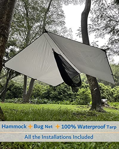 Sunyear Hammock Camping with Rain Fly Tarp and Net, Portable Camping Hammock Double Tree Hammock Outdoor Indoor Backpacking Travel & Survival, 2 Tree Straps,100% Waterproof