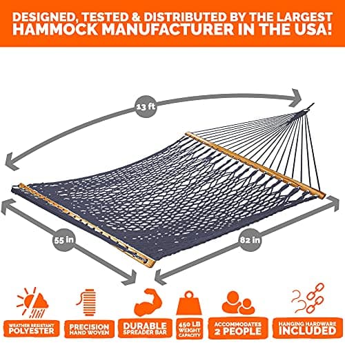 Castaway Living 13 ft. Double Traditional Hand Woven Navy Polyester Rope Hammock with Free Extension Chains, and Tree Hook, for 2 People with a Weight Capacity of 450 lbs.