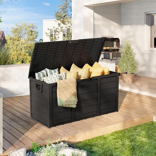 SUNCROWN 75 Gallon Deck Storage Box Resin Outdoor Storage Container with Handles for Patio Garden Yard, Black, Black