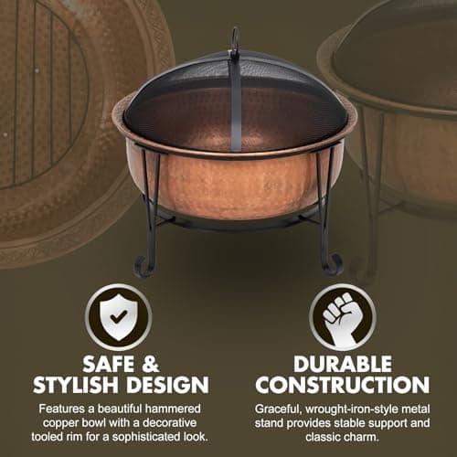 Fire Sense 62665 Fire Pit Palermo Copper with Steel Stand Wood Burning Lightweight Portable Outdoor Firepit Included Mesh Spark Screen Steel Grate Screen Lift Tool & Vinyl Weather Cover - 26.5"