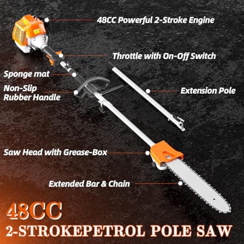 48CC Gas Powered Pole Saws,2-Stroke Gas Pole Saws for Tree Trimming with11.5in Cutting Bar, with Extendable Pole to Height Reachable 16 FT Chainsaw Tree Trimmer