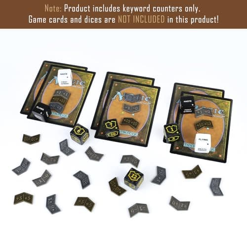 53Pcs MTG Antique Metal Buff Counter Tokens & MTG Keyword/Counters Dice Set, Magic Card Creature Stats or Loyalty Counter for TCG Card Gaming Accessories with Velvet Bag & Box