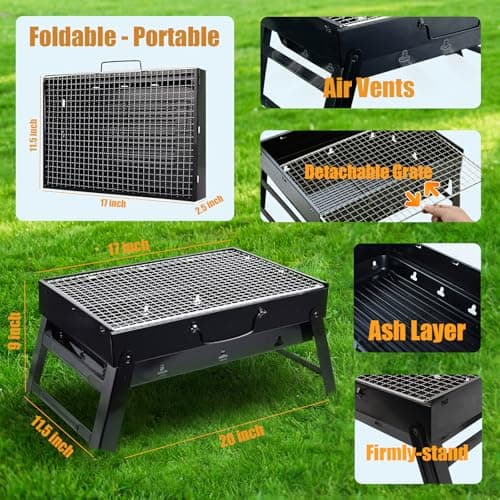 Portable Charcoal Grill for Camping Small Tabletop BBQ Grill for Picnic Trip Foldable Lightweight Barbeque Grill Set Including Tongs Skewers Basting Brush