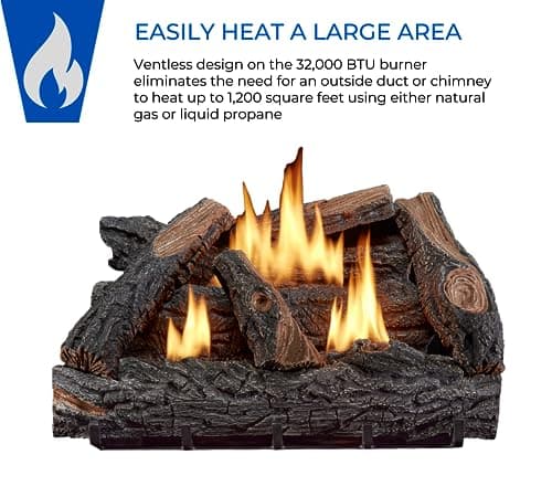 VFL24T Dual Fuel Ventless Fireplace Logs Set with Thermostat, Use with Natural Gas or Liquid Propane, 32000 BTU, Heats up to 1100 Sq. Ft, Brown, 24 Inches, Brown