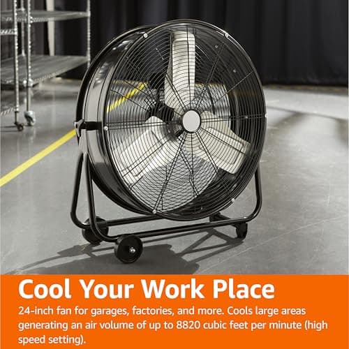 Amazon Basics 24" 215W High-Velocity, Heavy-Duty Industrial Fan, Drum Fan, with UL-Certified Safety Compliance, 2 Speeds, Up to 8820 CFM, 5.9-ft Power Cord, 2 Wheels, Metal Housing/Blades, Black