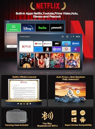 [Netflix Officially/AI Auto Focus] Smart Projector with WiFi and Bluetooth,Dolby Audio,DBPOWER Native 1080p Projector with Apps Built-in Netflix/Hulu/Disney+/Peacock, 600ANSI Movie Projector