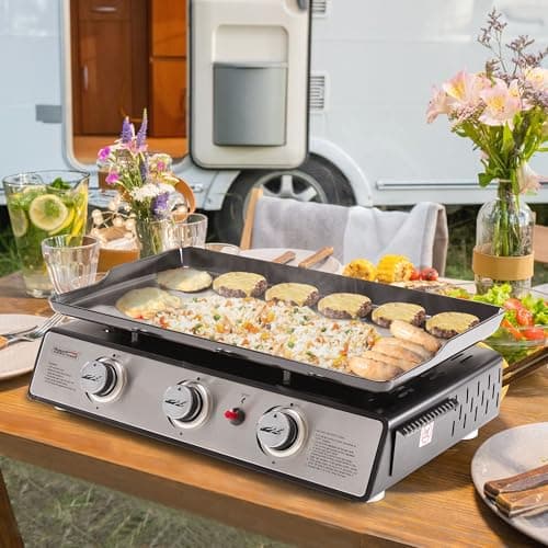 Royal Gourmet PD1301S Portable 24-Inch 3-Burner Table Top Gas Grill Griddle with Cover, 25,500 BTUs, Outdoor Cooking Camping or Tailgating, Black