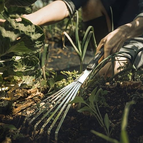 Fiskars Xact Hand Rake, Heavy Duty Gardening Hand Tool with Ergonomic Handle and Hanging Hole