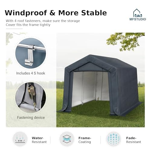 MFSTUDIO Outdoor Storage Sheds 8x12 ft, Portable Carport Shelter Garages Heavy Duty Canopy with Rolled up Zipper Doors,Outside Utility Shed Garage Tent for Motorcycle, Bicycles,Lawn mowers and Tools