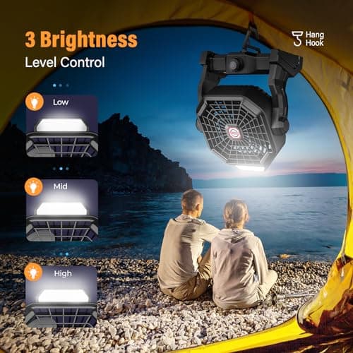 10400mAh Solar fan, Camping Fan with Solar Panel, 7W Rechargeable Solar Powered for Outside, LED Lantern, Stepless Speed and Quiet Battery Operated for Picnic, Barbecue, Fishing, Travel