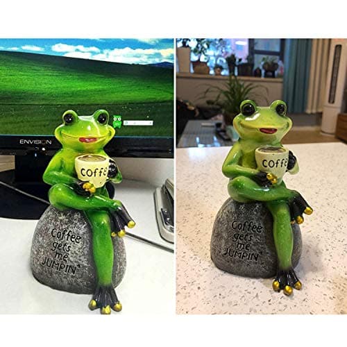 OwMell Frog Statue for Garden, Green Frog Figurine for Outdoor Decor Yard and Garden Decoration Resin Sculpture 6 Inches - Drinking Coffee