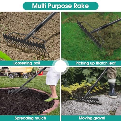 Rake, 49 Inch Garden Bow Rake with 17 Tines, Heavy Duty Raking Tool for Gardening Landscaping Loosening Soil Leveling Mulching Gravel Gathering Leaf Thatch Lawn Care