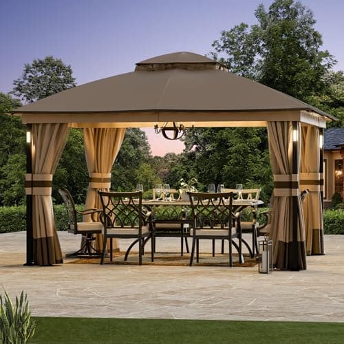 Patio Gazebo 11'x13' with LED Lights & Bluetooth Speaker, Heavy Duty Outdoor Canopy Shelter with Metal Frame, Double Roofs, Soft-top Gazebo with Netting and Curtains for Backyard