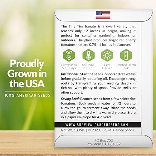 Survival Garden Seeds - Tiny Tim Tomato Seeds for Planting - 1 Pack with Instructions to Grow in Your Home Vegetable Garden - Non-GMO Heirloom Variety