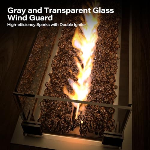LAUSAINT HOME Propane Fire Pit Table 43 Inch with Lid, 55,000 BTU Gas Fire Pits for Outside Patio with Glass Wind Guard, Gray Glass Beads
