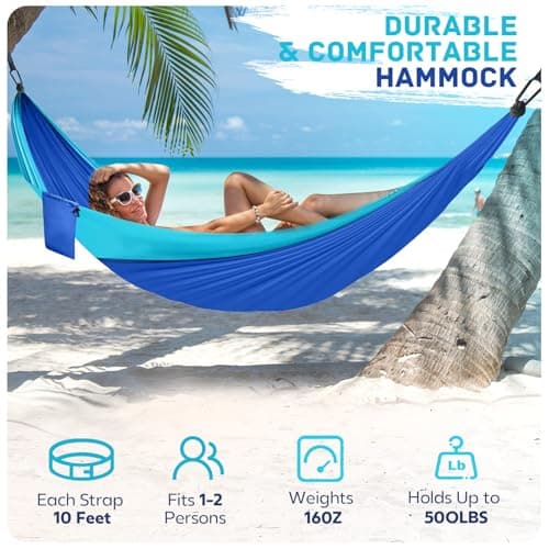 Camping Hammock Lightweight, Portable Hammocks Parachute Hammock with Two Tree Straps, Single or Double Travel Swing Nylon Camp Hammocks, Outdoor Essentials for Beach Backpacking Hiking, Blue