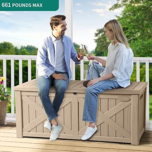 YITAHOME 120 Gallon Large Deck Box, Upgraded Resin Outdoor Storage Boxes w/Flexible Divider, Waterproof Cushion Storage Bench for Patio Furniture, Pool Supplies, Garden Tools - Lockable, Light Brown