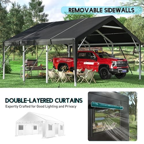 Bepatio Carport, 2 Car 20 x 20 Heavy Duty Metal Carport, Extra Large Car Port with Side-Opening Doors & Roll-Up Windows, All Weather Outdoor Portable Garage