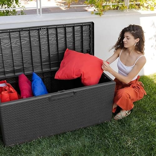 Toomax Portofino Large 90 Gallon Plastic Outdoor Storage Backyard Deck Box, with Lockable Lid, Seat Weight Capacity 450 Pounds, Gray