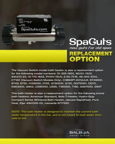 SpaGuts 25-150-0002 Universal Inline Bath Heater Kit, 1.5KW, 110V, 7x1.5 inches, with Built-in Vacuum Switch