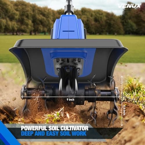 VENUX 20V Cordless Tiller Cultivator Electric Garden Tiller- 2 Batteries 4.0AH Included, 48 Steel Anti-Rust Tines 360RMP Tilling 9-in Width & 6.6-in Depth, Safety Gloves & Glasses Included
