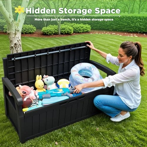 Greesum 80 Gallon Storage Bench Outdoor Deck Box with Armrest, Patio Furniture,Lockable, Waterproof and UV Resistant, Suitable for Garden, Pool, Black