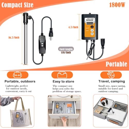 1800W Portable Fully Submersible Electric Pool And Hot Tub Immersion Water Heater With Gfci Plug, Thermostat For Bathtub, Inflatable, Swimming Above Ground Pools, Bathtub,Baptistry, Baptismal Pool