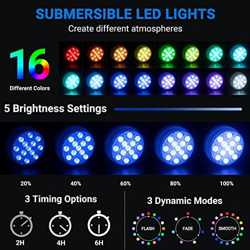 LOFTEK Submersible LED Lights with Remote, 13 LED Pool Lights for Inground Above Ground Pool with Magnets &Suction Cups,16 Color Changing Underwater Light for Ponds Battery Operated, 1 Pack