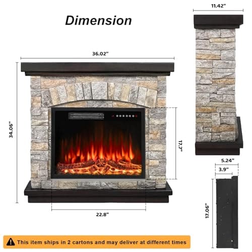 BOSSIN 36" Electric Fireplace with Mantel, 23 inch Electric Fireplace Insert, TV Stand Freestanding Heater with Remote Control Timer LED Flame for Living Room Bedroom,Faux Stone Gray