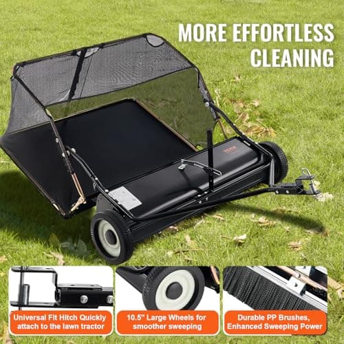 VEVOR 52 Inch Lawn Sweeper Tow Behind, 26 cu.ft. Large Pull Behind Grass Sweeper, Heavy Duty Leaf & Grass Collector with Dumping Rope Design, Adjustable Sweeping Height for Picking Up Debris & Grass