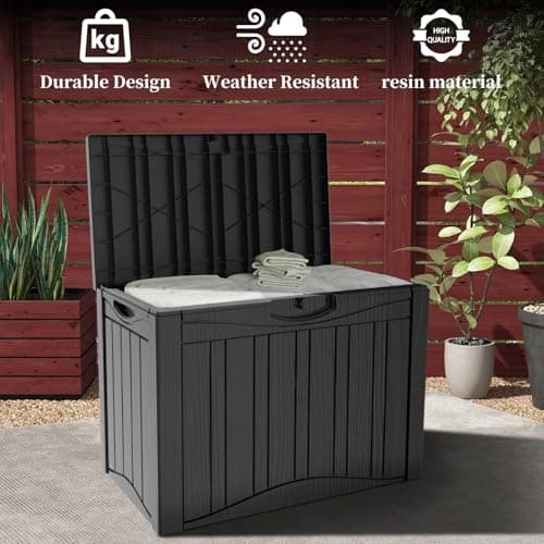 45 Gallon Heavy Duty Outdoor Deck Box with Lockable Lid, All Weather Waterproof Storage for Patio Cushions, Pool Toys, Garden Tools - Rust-Proof Resin Design (Black)