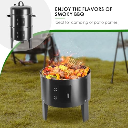 17-Inch Vertical 17-Inch 3-in-1 Charcoal BBQ Smoker, Heavy-Duty Portable Outdoor Grill with Built-in Thermometer, Dual Air Vents, and Multi-Level Cooking for Camping & Backyard Parties