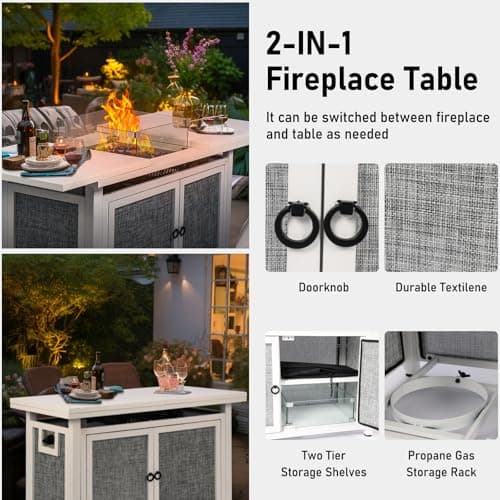 42inch Propane Fire Pit Table, Rectangular Gas Firepit Table with Removable Desktop,2 Tier Storage Shelves, Tempered Glass and Rain Cover for Garden, Patio & Backyard (White)