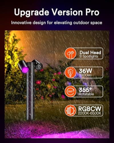 Lumary Smart Pathway Light Pro 700LM, RGBAICW Color Changing Landscape Lights with 8 Adjustable 355° Spot Lights IP65 Waterproof, 48FT Wired Outdoor Landscape Lighting, WiFi APP/Voice/Remote (4 Pack)