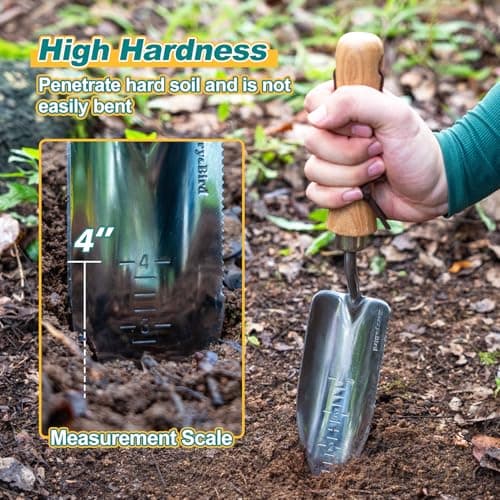 Potting Trowel, Stainless Steel Serrated Hand Shovel, Wood Handle Garden Trowel Tool with Measuring Scale for Effortless Digging,Roots，Planting, Cutting and Transplanting