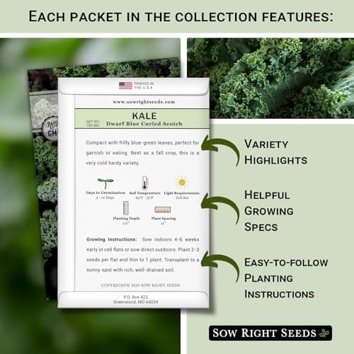Sow Right Seeds - Kale Seed Collection for Planting - Non-GMO Heirloom Packet with Instructions to Plant and Grow a Home Vegetable Garden, Great Gardening Gift