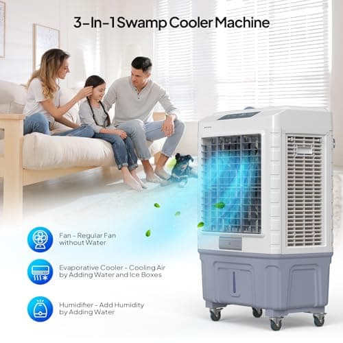 ROVSUN 4100CFM Portable Air Cooler, 13.2Gal/50L Evaporative Swamp Cooler, 3-IN-1 Cooling Fan with Remote Control, 3 Speeds, 7.5H Timer & 4 Ice Box, Humidifying Oscillating Fan for Indoor or Outdoor