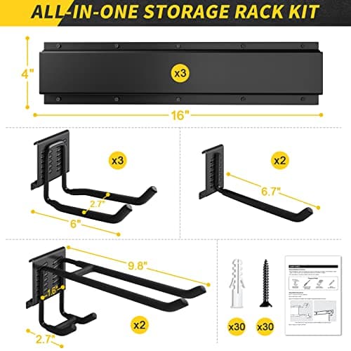 Garage Storage, Garage Organization, Wall Mount Garden Tool Organizer 48 Inches, 440lbs Adjustable Heavy Duty Metal Hooks, Yard Shed Rack Holder System Hanging Rake Broom Mop Snowboard, Men Gift