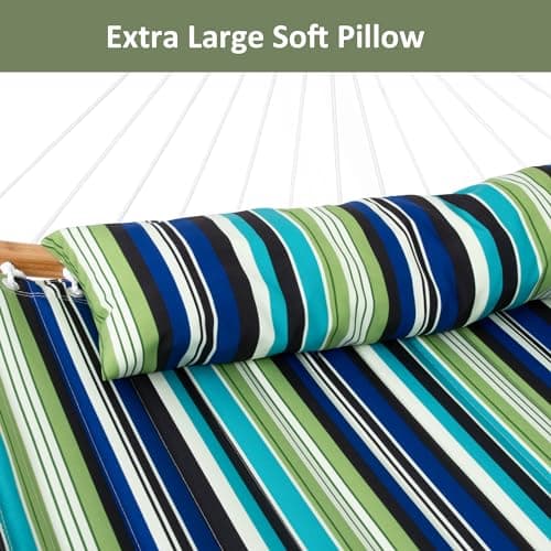 SUNCREAT Heavy Duty Double Hammock and Stand, Free Standing Two Person Hammock with Stand, Green Stripes