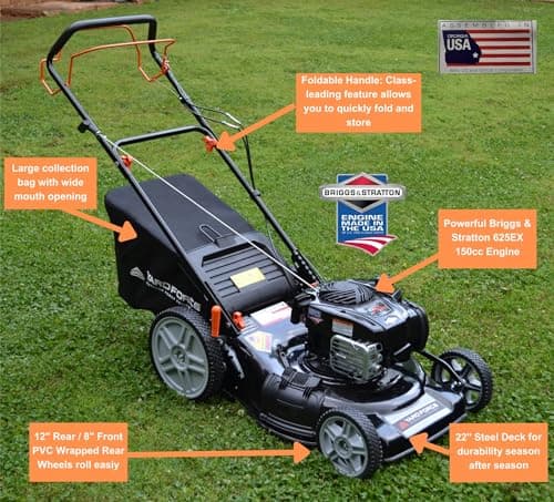 Yard Force Self Propelled Lawn Mower Briggs & Stratton 150cc Gas Engine 22-inch Steel Deck 3-in-1 Mulch, Bag, Side Discharge, 12-inch High Rear Wheels