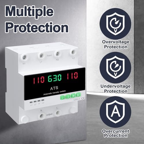 63A 110V Automatic/Manual Transfer Switch, Dual Power Selector with LED Display, L1 Priority, DIN Rail Mount,50/60Hz CE Certified ATS for Generator and Backup Power