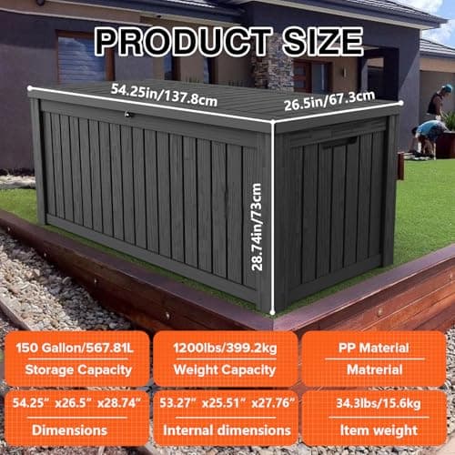 150 Gallon Lockable Resin Deck Box, Waterproof & UV-Resistant Outdoor Storage Box for Cushion Storage and Delivery, Black