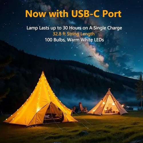 GHORA Camping String Light,32.8FT Rechargeable LED Lights with 8 Modes, Waterproof Portable Outdoor Tent Lights for Patio Garden Party Decor, Hanging Lanterns for Canopy Backyard Campground