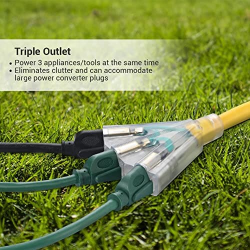 DEWENWILS 25 FT 14/3 Gauge Extension Cord Outdoor Tri-Tap Extension Cord Splitter, Heavy Duty Power Cable SJTW 15 Amp for Multiple Appliances, LED Lighted Plug, ETL Liste