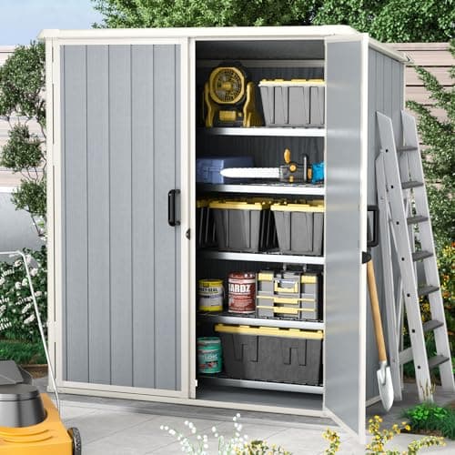 Aoxun Outdoor Storage Shed 5 x 3FT, Resin Shed with Floor and Lockable Door, Plastic Shed for Bike, Garbage Can, Tool, Accessories, Lawn, Garden - Grey