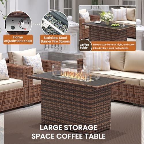 UDPATIO Patio Furniture Set with Fire Pit Table, 4 Pieces Outdoor Furniture Sets, Wicker Rattan Patio Conversation Sets with Outdoor Sofa Waterproof Covers for Porch Deck Backyard, Khaki