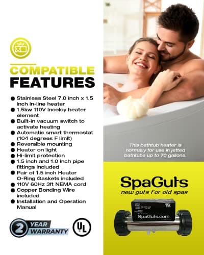 SpaGuts 25-150-0002 Universal Inline Bath Heater Kit, 1.5KW, 110V, 7x1.5 inches, with Built-in Vacuum Switch